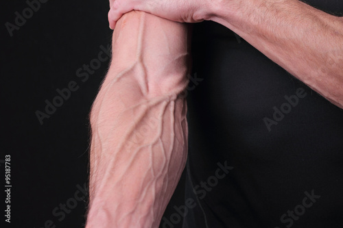 Bodybuilders hand with veins. Power, strong muscular athletic man, perfect body, hard work, male fitness motivation