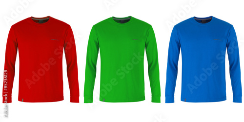 red, green and blue long sleeve t-shirts 