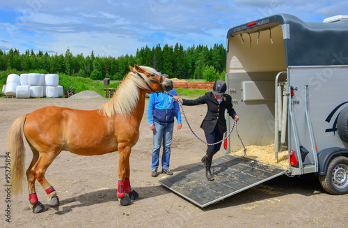 Woman trying to pull horse to trailer
