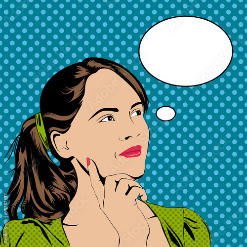 Thinking girl in pop art comics style with speech bubble for text. Vector illustration pretty young woman.