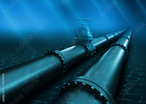 3d Illustration of oil pipeline lying on ocean bottom under water