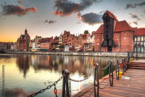Old town of Gdansk with ancient crane at sunset, Poland