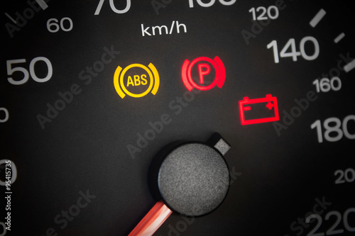 ABS light. Car dashboard in closeup