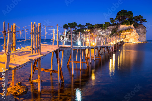Hanging bridge to the island at night, Zakhynthos in Greece