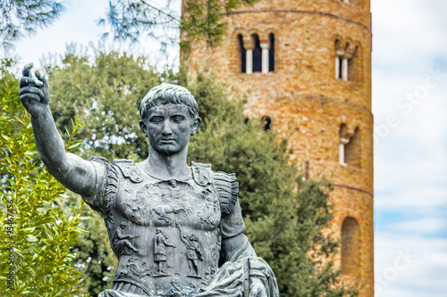 Caesar Augustus statue overlooking bell tower