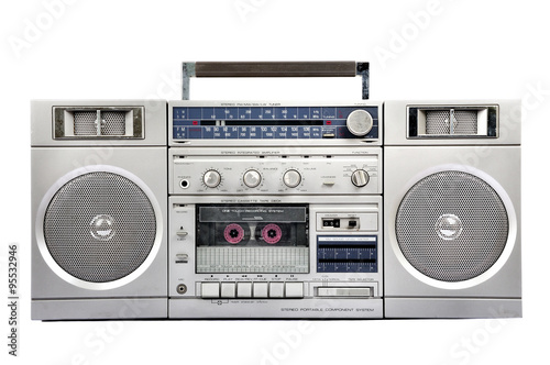 1980s Silver radio boom box isolated on white. front