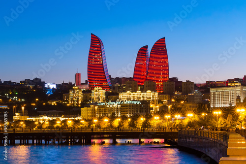 Night view of the Flame Towers. Flame Towers are new skyscrapers in Baku