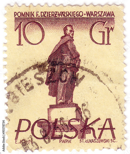 POLAND - CIRCA 1955: Postage stamp printed in Poland, shows a monument to Soviet statesman, Polish and Russian revolutionary Felix Dzerzhinsky, Warsaw, circa 1955