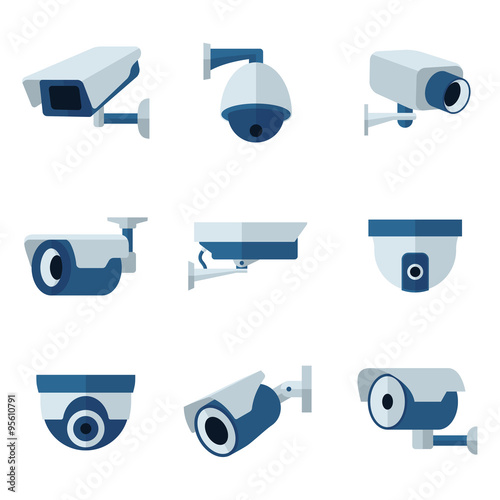 Security camera, CCTV vector flat icons set