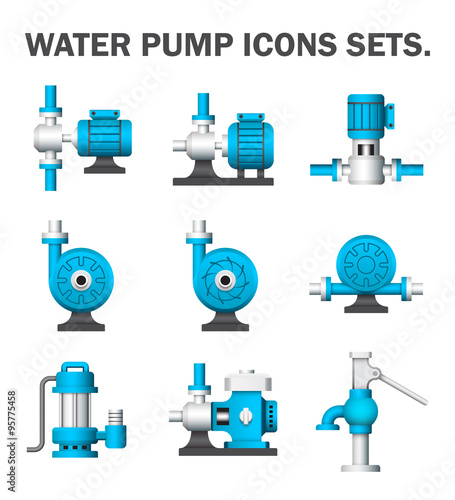 Water pump icon i.e. centrifugal, rotary, slurry and well. Powered by electric motor, engine and hand. For produce flow and pressure to distribution, transport, supply, drainage and control of water.