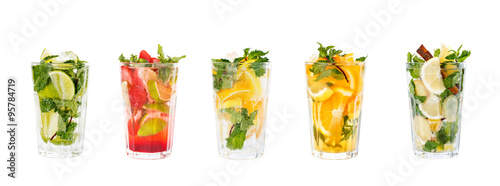 Collection of mojito cocktails with strawberry, orange, ginger.