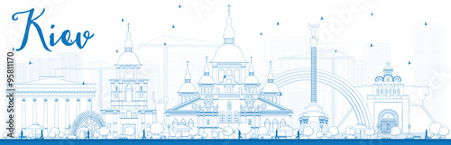 Outline Kiev skyline with blue landmarks. Some elements of illustration have transparency mode different from normal