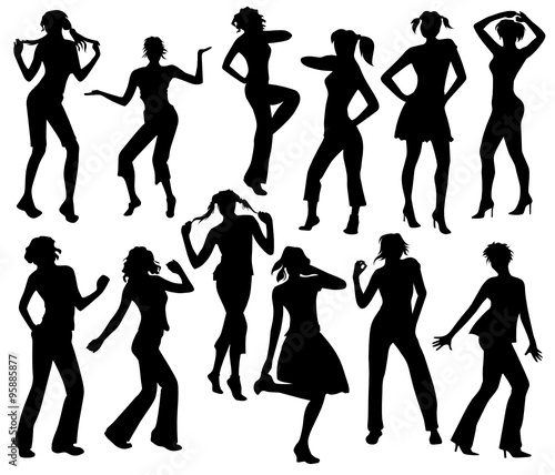 Twelve silhouettes of dancing girls