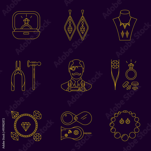 Set of jeweler profession linear icons. Vector concept of jewelry, handmade accessories. luxury items. Modern thin line style.