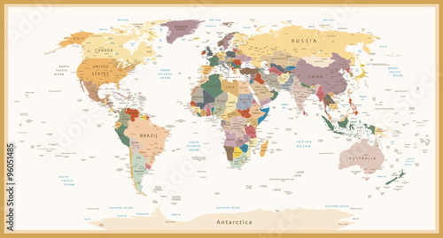 Highly Detailed Political World Map Vintage Colors