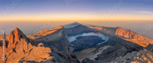 Panoramic view of Rinjani active volcano mountain summit in a beautiful morning sunrise, Lombok island, Indonesia, Asia