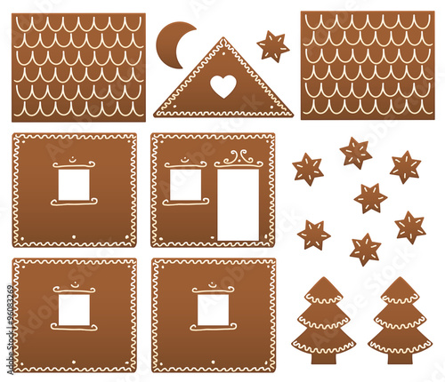 Gingerbread house components in order to be build up. Isolated vector illustration on white background.