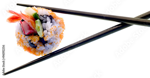 Sushi and chopsticks isolated on white.