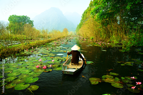 Yen stream on the way to Huong pagoda in autumn, Hanoi, Vietnam. Vietnam landscapes.