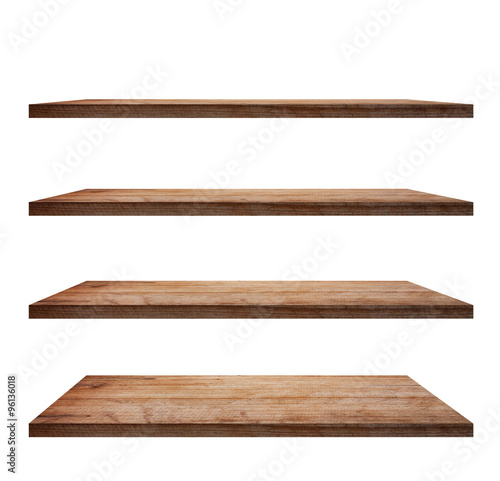 collection of wooden shelves on an isolated white background