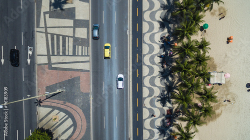 Top View of Copacabana beach with mosaic of sidewalk in Rio de Janeiro. Brazil