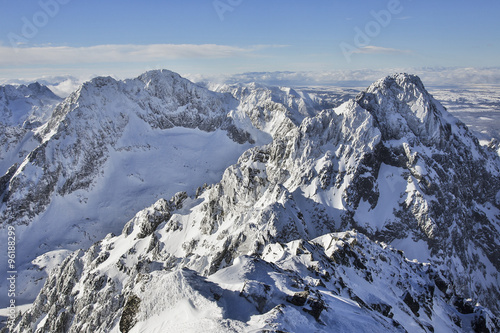 view from Lomnicky peak in Tatra Mountains Slovakia winter 
