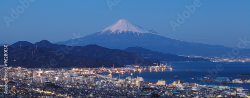 Mountain Fuji and cityscape at Shizuoka prefecture in twilight