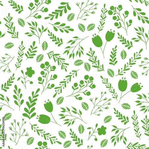 Floral seamless pattern with green garden plants and flowers
