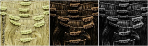 Blonde, brown and black clip-in extensions closeup - stock photo