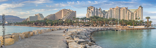 View on the central beach of Eilat - famous resort and recreational city in Israel