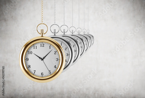 Pocket watches in a chain are in the line. Concrete background. 3D rendering