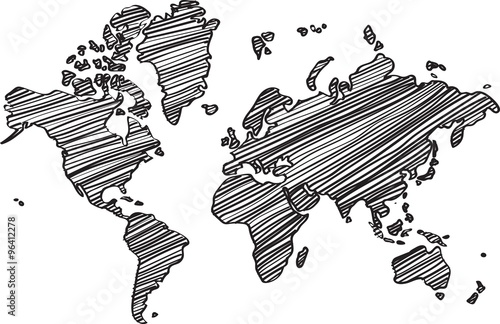 Freehand world map sketch on white background.