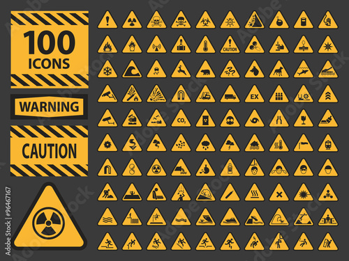 Vector icn set triangle yellow warning caution hazard signs.