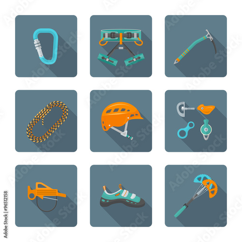 flat style colored various alpinism tools icons collection.
