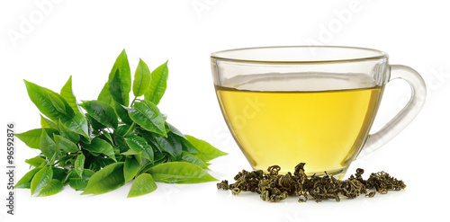 Glass cup of green tea isolated on white background