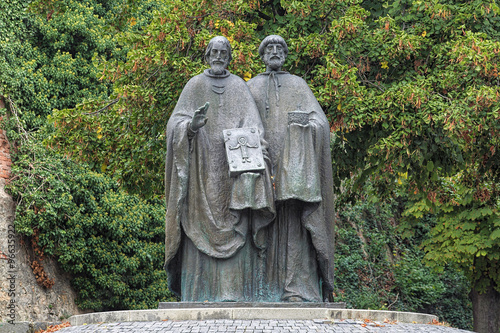 Sculpture of Saints Cyril and Methodius on the Pope John Paul II square at the Nitra Castle, Slovakia