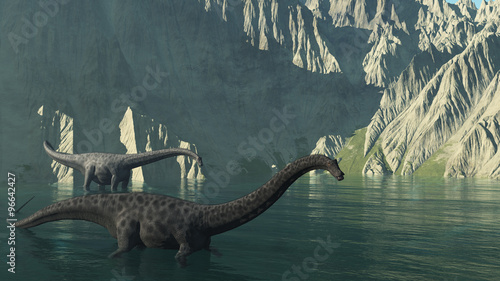 Diplodocus Dinosaurs Near a Cliff