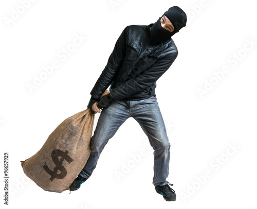 Thief or robber is pulling loot - heavy bag full of money. Isolated on white.