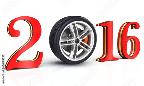 3d happy new year 2016 with car wheel
