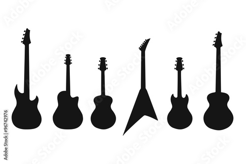 A set of silhouettes of various guitars. Bass , electric guitar , acoustic, electroacoustic
