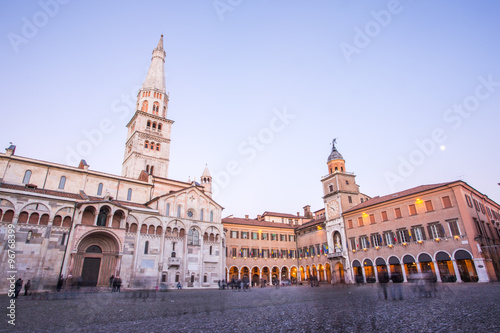 Modena, Emilia Romagna, Italy. Piazza Grande at sunset, with Cathedral Duomo and Ghirlandina leaning tower