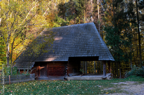 The wooden house with a wooden roof in the forest, Zakarpattia region