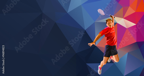 Polygonal professional badminton player on colorful low poly background doing smash shot with space for flyer, poster, web, leaflet, magazine. Vector illustration