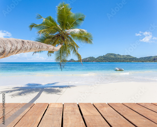 cocotier penché et ponton sur plage des Seychelles 