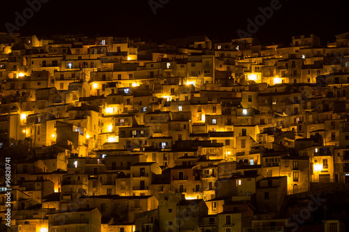 View on sicilian houses at night. Town of Cammarata, near Agrigento. Sicily