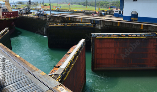 Doors of the Panama Canal open for an approaching ship