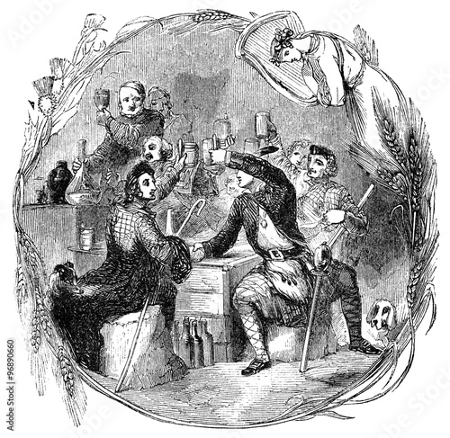 An engraved vintage illustration drawing of the celebration of Auld Lang Syne at the New Year eve, from a Victorian book dated 1854 that is no longer in copyright