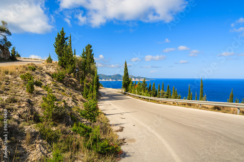 Scenic coastal road to Assos village in mountain landscape of Kefalonia island, Greece