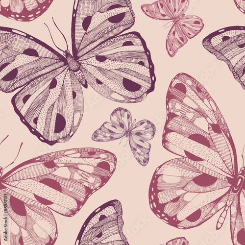hand drawn vector seamless pattern with butterflies