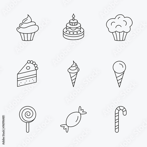 Cake, candy and muffin icons. Cupcake sign.